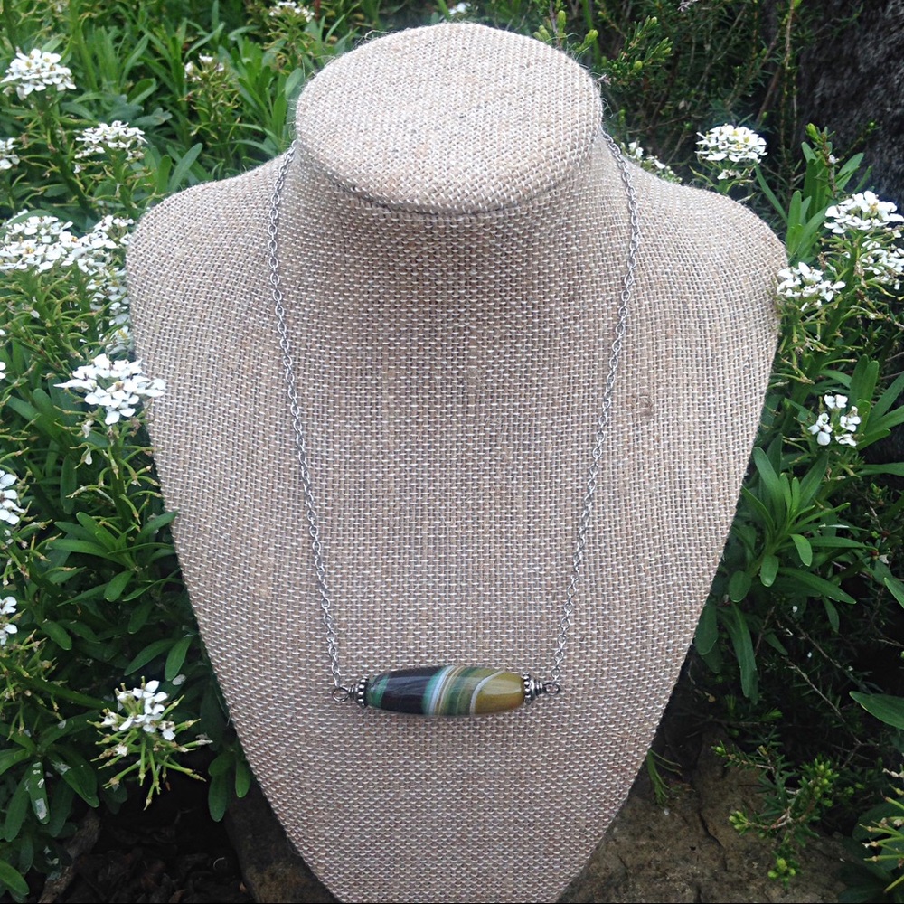 striped agate pendant necklace, silver hardware